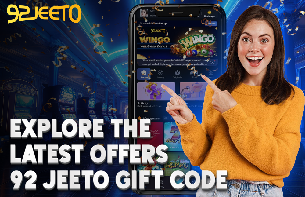 A picture of a happy woman showing how to use the 92 Jeeto gift code, explaining where and how to get it.