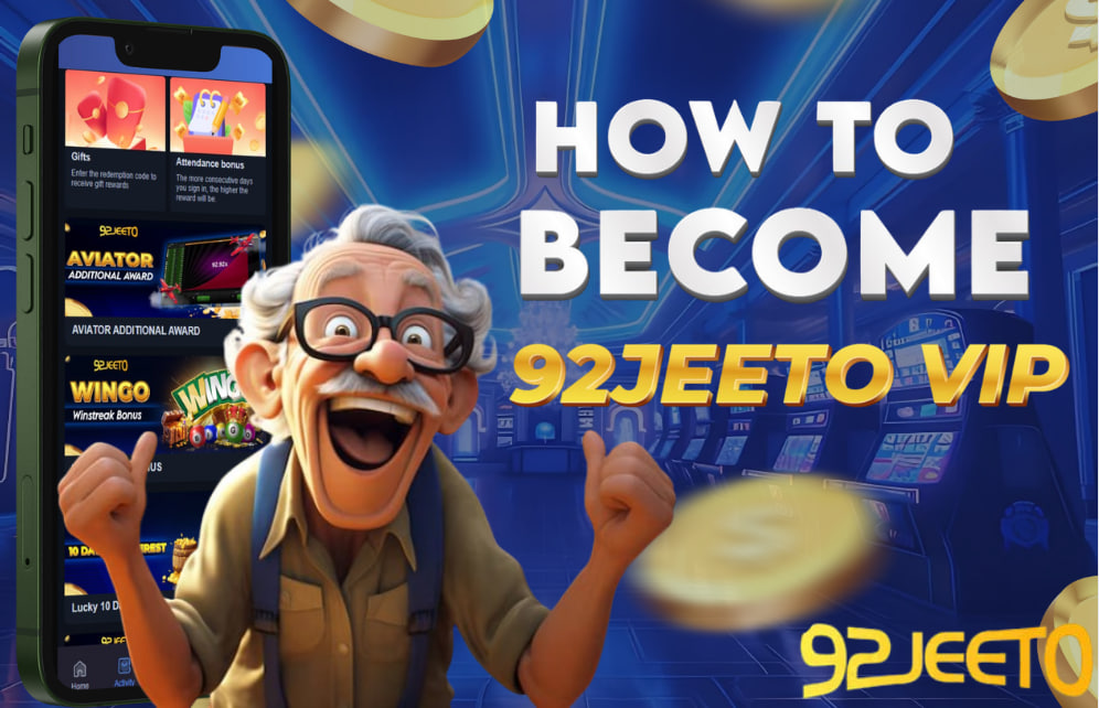 A picture of a man and a cellphone showing 92jeeto VIP.